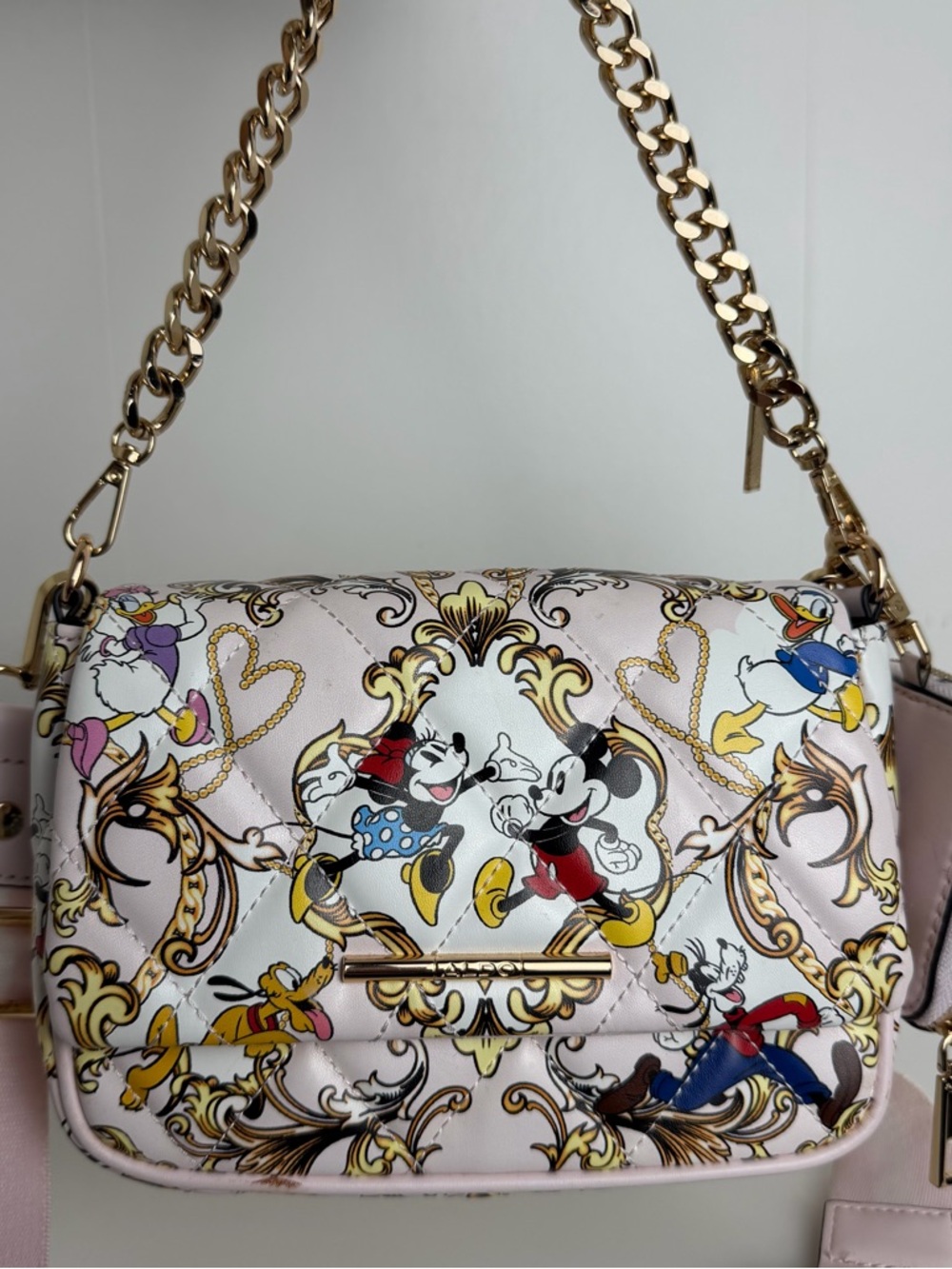Aldo Pink Quilted Disney Mickey & Minnie Shoulder Bag with Gold Chain